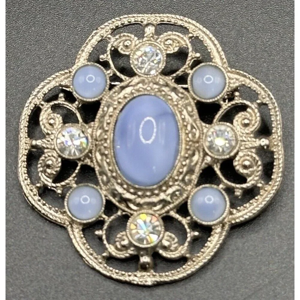 Moonstone Blue Glass & Rhinestone Silver Tone Filigree Pin Brooch‎
